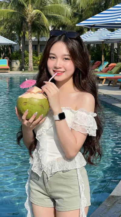 Dark Brown Hair Poolside Lifestyle Photography Prompt — Midjourney prompt variation 7
