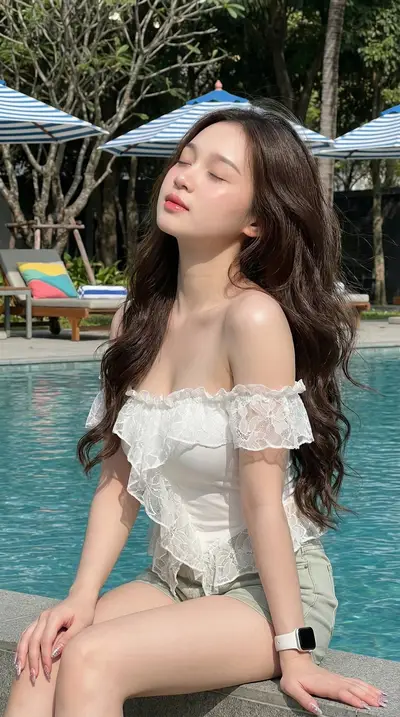 Dark Brown Hair Poolside Lifestyle Photography Prompt — Midjourney prompt variation 2