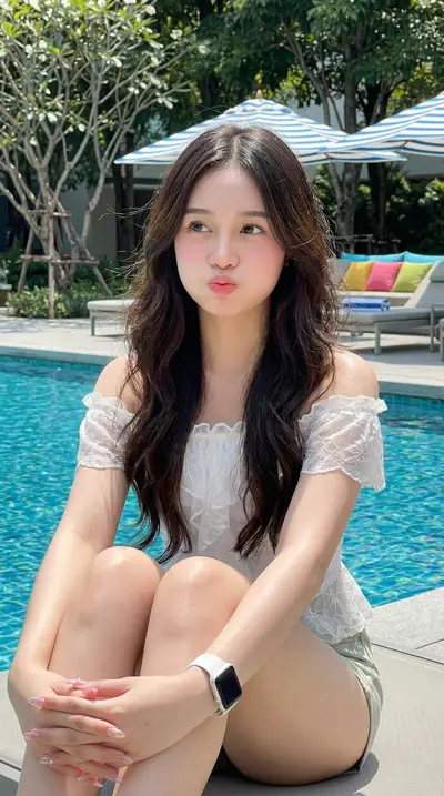 Dark Brown Hair Poolside Lifestyle Photography Prompt — Midjourney prompt variation 3