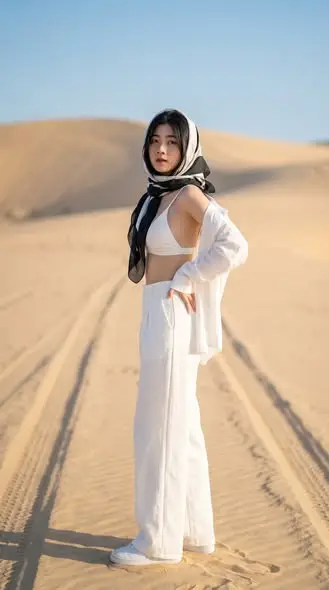 White Outfit Desert Fashion Portrait Photography Prompt — Midjourney prompt variation 2