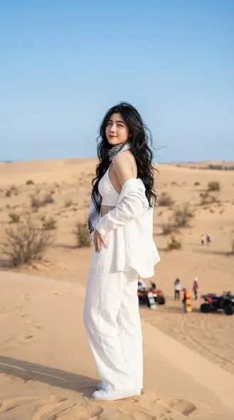 White Outfit Desert Fashion Portrait Photography Prompt — Midjourney prompt variation 3