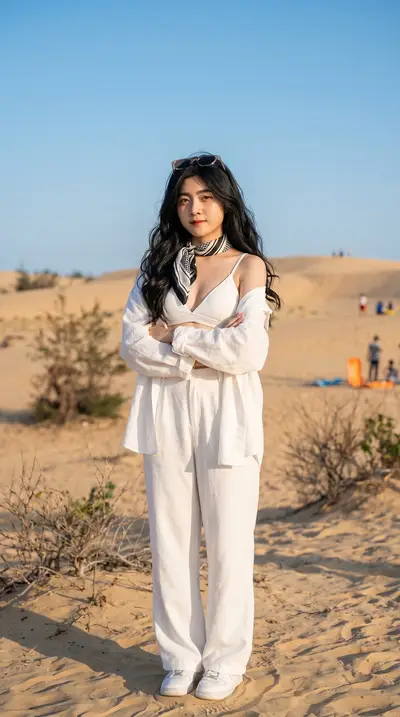 White Outfit Desert Fashion Portrait Photography Prompt — Midjourney prompt variation 4