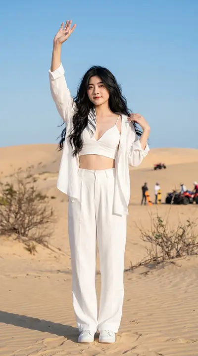 White Outfit Desert Fashion Portrait Photography Prompt — Midjourney prompt variation 5
