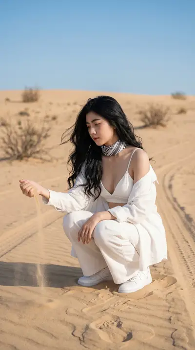 White Outfit Desert Fashion Portrait Photography Prompt — Midjourney prompt variation 6