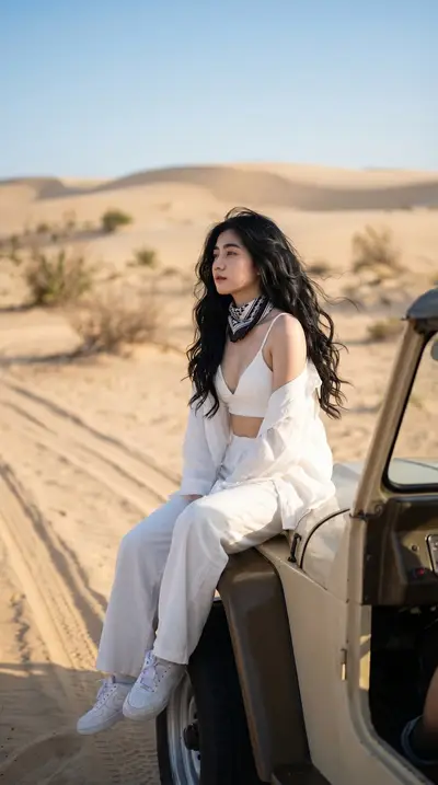 White Outfit Desert Fashion Portrait Photography Prompt — Midjourney prompt variation 1