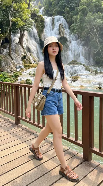 White Tank Top Waterfall Bridge Lifestyle Portrait — Midjourney prompt variation 10