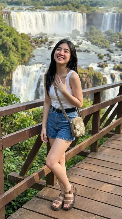 White Tank Top Waterfall Bridge Lifestyle Portrait — Midjourney prompt variation 3