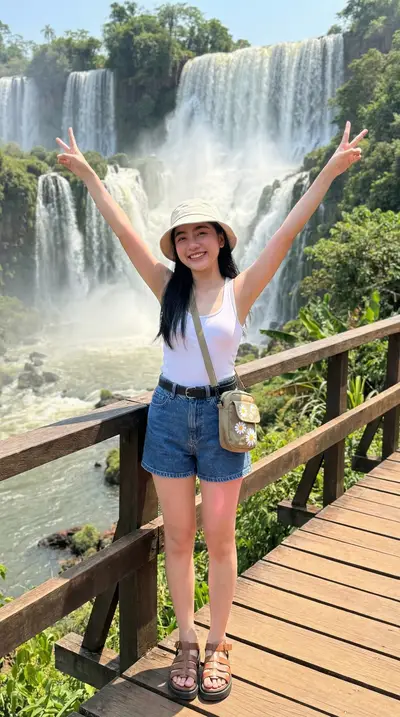 White Tank Top Waterfall Bridge Lifestyle Portrait — Midjourney prompt variation 2
