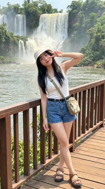 White Tank Top Waterfall Bridge Lifestyle Portrait — Midjourney prompt variation 4