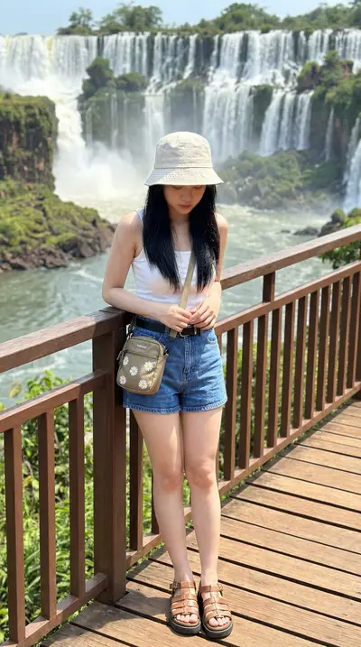 White Tank Top Waterfall Bridge Lifestyle Portrait — Midjourney prompt variation 6