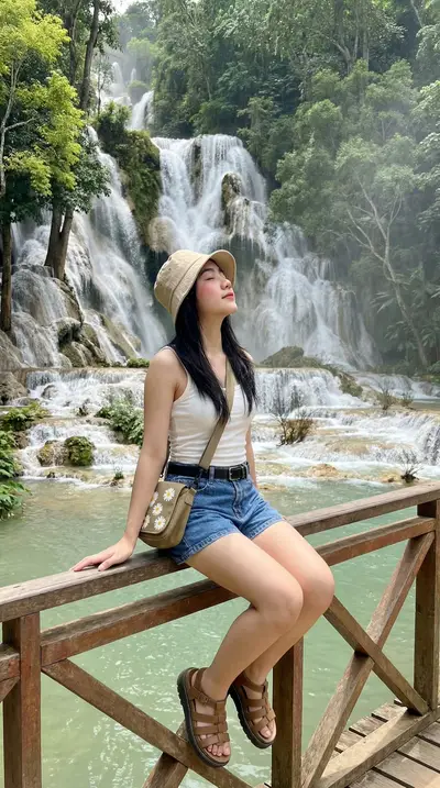 White Tank Top Waterfall Bridge Lifestyle Portrait — Midjourney prompt variation 8