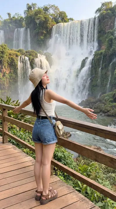 White Tank Top Waterfall Bridge Lifestyle Portrait — Midjourney prompt variation 9