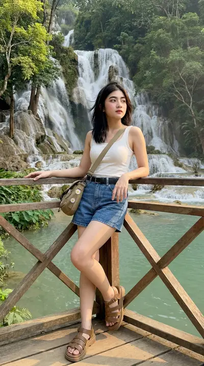 White Tank Top Waterfall Bridge Lifestyle Portrait — Midjourney prompt variation 7