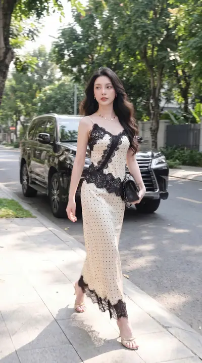 Cream Polka Dot Lace Slip Dress Luxury Street Photography — Gemini prompt variation 9