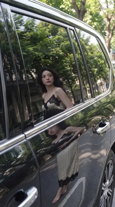 Cream Polka Dot Lace Slip Dress Luxury Street Photography — Gemini prompt variation 10