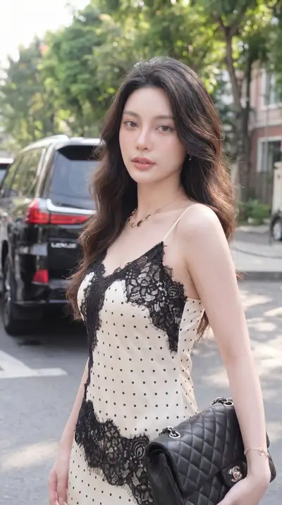 Cream Polka Dot Lace Slip Dress Luxury Street Photography — Gemini prompt variation 4