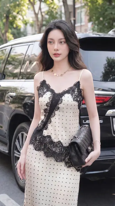 Cream Polka Dot Lace Slip Dress Luxury Street Photography — Gemini prompt variation 3