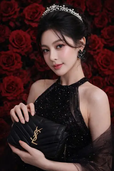Midjourney Black Sequined Halter Dress Red Roses Portrait — Midjourney prompt variation 9