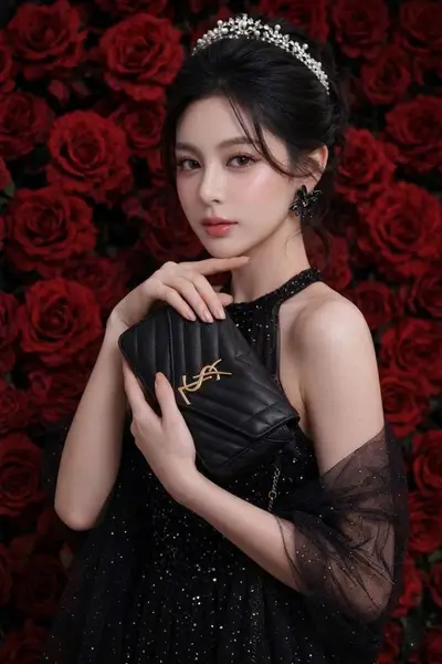 Midjourney Black Sequined Halter Dress Red Roses Portrait — Midjourney prompt variation 8
