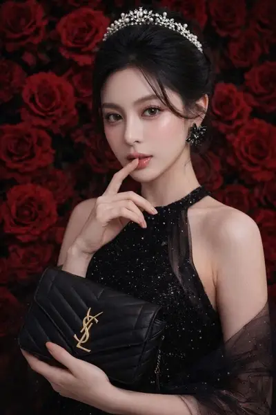 Midjourney Black Sequined Halter Dress Red Roses Portrait — Midjourney prompt variation 6