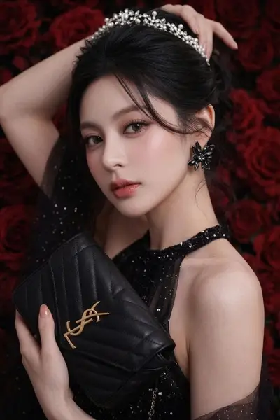 Midjourney Black Sequined Halter Dress Red Roses Portrait — Midjourney prompt variation 3