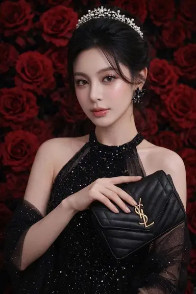 Midjourney Black Sequined Halter Dress Red Roses Portrait — Midjourney prompt variation 2