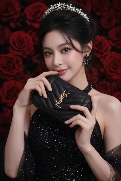 Midjourney Black Sequined Halter Dress Red Roses Portrait