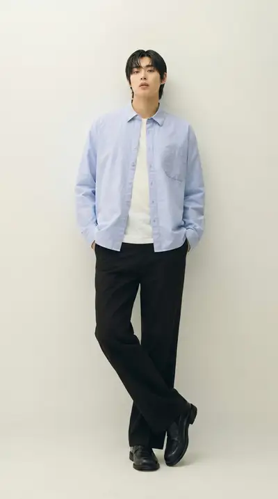Blue Oxford Shirt Black Trousers Minimalist Fashion Series — Midjourney prompt variation 3