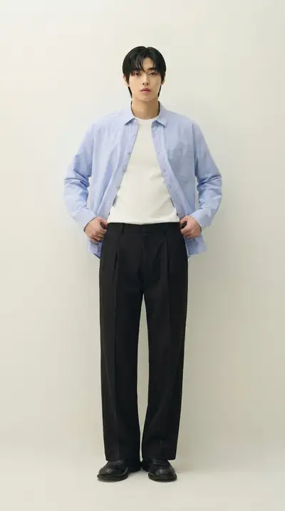 Blue Oxford Shirt Black Trousers Minimalist Fashion Series