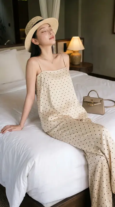 Champagne Polka Dot Satin Pajama Set Luxury Bedroom Series — Midjourney prompt variation 11