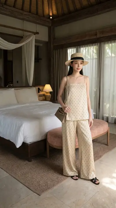Champagne Polka Dot Satin Pajama Set Luxury Bedroom Series — Midjourney prompt variation 12