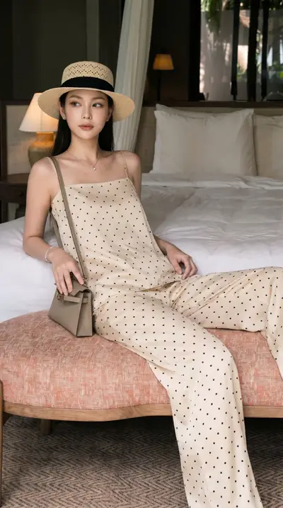 Champagne Polka Dot Satin Pajama Set Luxury Bedroom Series — Midjourney prompt variation 7