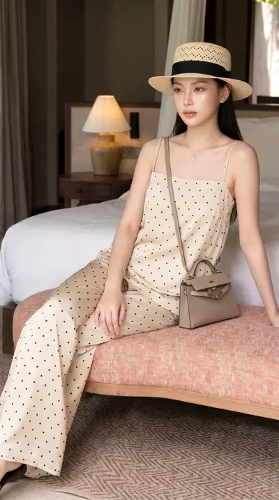 Champagne Polka Dot Satin Pajama Set Luxury Bedroom Series — Midjourney prompt variation 6