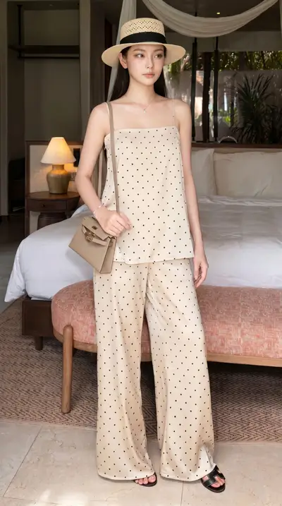 Champagne Polka Dot Satin Pajama Set Luxury Bedroom Series — Midjourney prompt variation 4