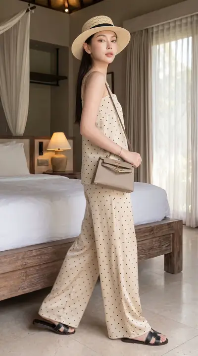 Champagne Polka Dot Satin Pajama Set Luxury Bedroom Series — Midjourney prompt variation 3