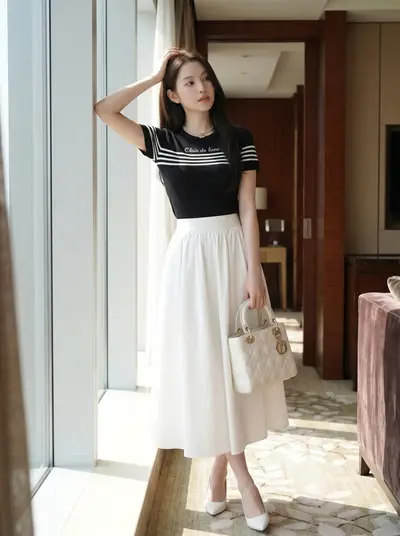Black Graphic Tee White Midi Skirt Luxury Hotel Lookbook — Midjourney prompt variation 5