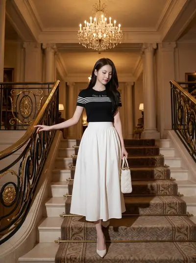 Black Graphic Tee White Midi Skirt Luxury Hotel Lookbook — Midjourney prompt variation 4